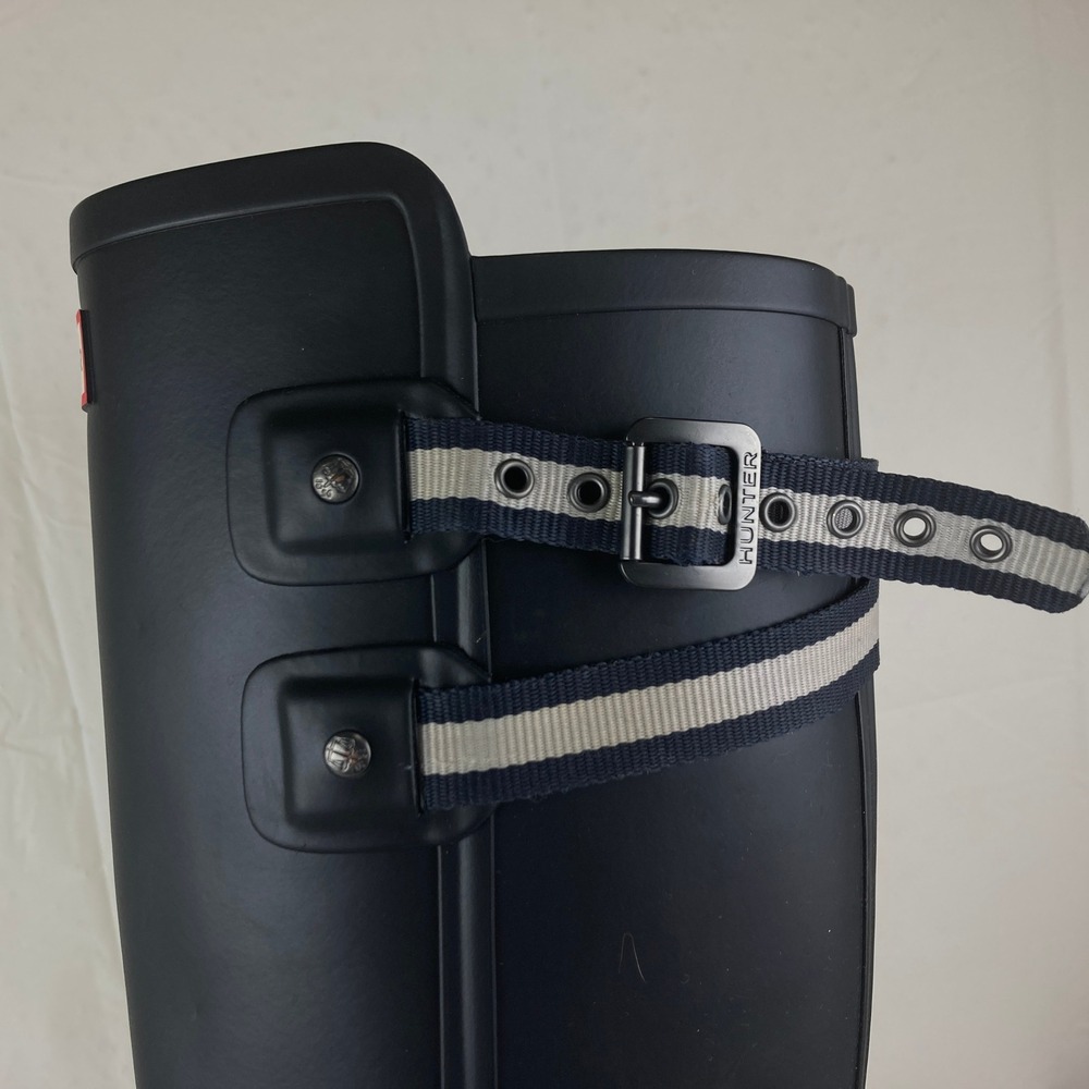 Hunter Original Tall Rain Boots Women 9 Black Striped Buckle Strap Equestrian - Picture 3 of 12